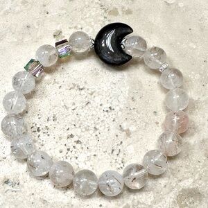 HANDMADE SUPER 7 Beaded Gemstone Bracelet w/ Silver Sheen Obsidian Half Moon
